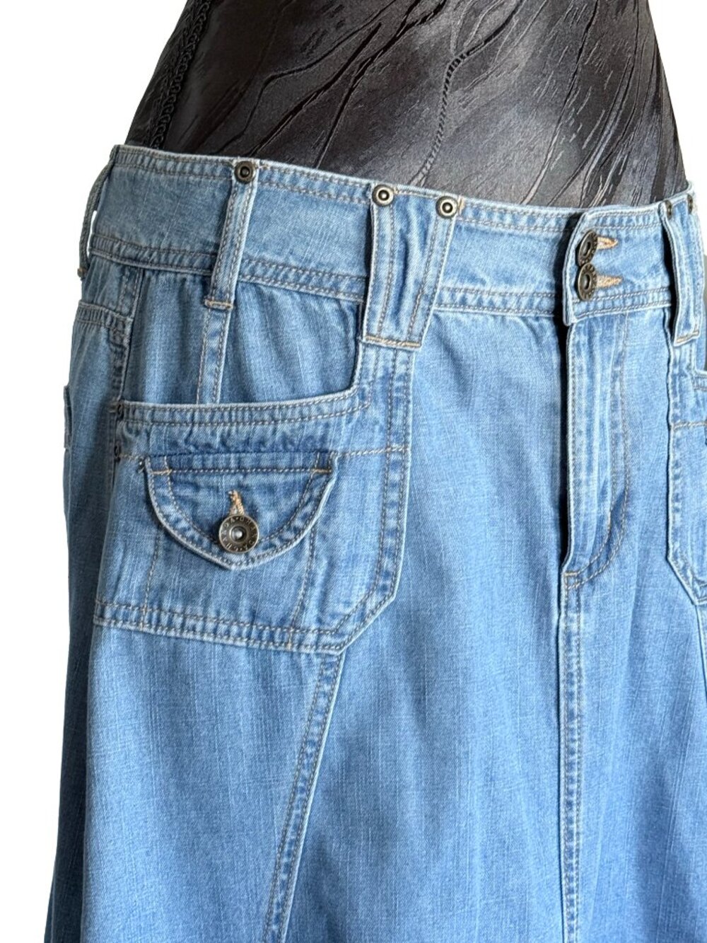 Ghanda Vintage Utility Denim Maxi Skirt - Paneled Boho A-Line Light Wash - Picture 3 of 13